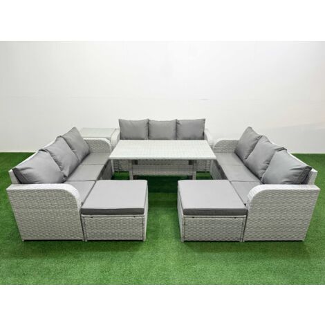 Fimous PE Rattan Lounge Sofa Set 11 Seater Outdoor Garden Furniture Set with Rectangular Dining Table 3 Seater Sofa 2 Big Footstools Side Table Light Grey (1/5)