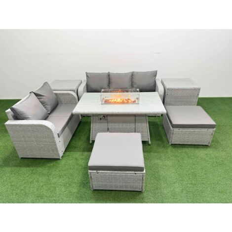 Fimous 7 Seater PE Rattan Wicker Garden Furniture Patio Conservatory Sofa Set with Firepit Dining Table 3 Seater Sofa Love Sofa 2 Big Footstool 2 Side Table (1/5)