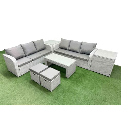 Fimous Outdoor Garden Furniture Sets 8 Seater Wicker Rattan Furniture Sofa Sets with Oblong Coffee Table high Back Lounge Sofa Stools 2 Side Table Light Grey (1/5)