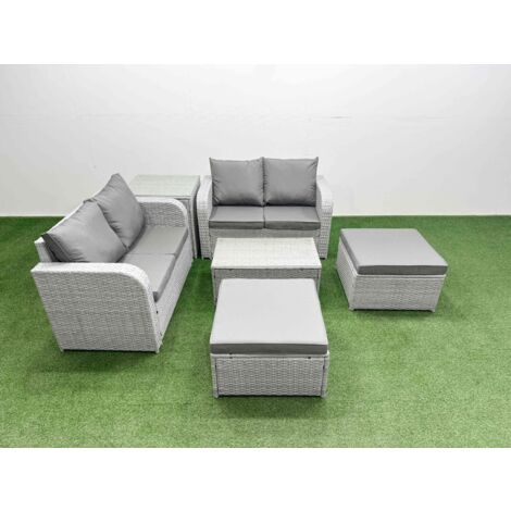 Fimous 6 Seater Outdoor Love Sofa Set Rattan Garden Furniture Set with Rectangular Coffee Table 2 Footstool Side Table Light Grey (1/5)