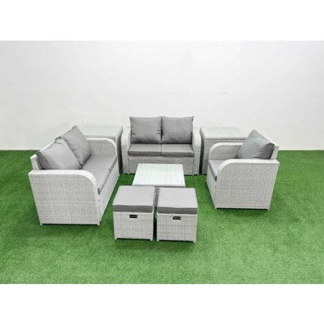 Fimous High Back Poly Rattan Garden Furniture Set with Reclining Chair Loveseat Sofa Square Coffee Table Indoor Outdoor Patio Set 2 Stool 2 Side Table Light Grey (1/5)