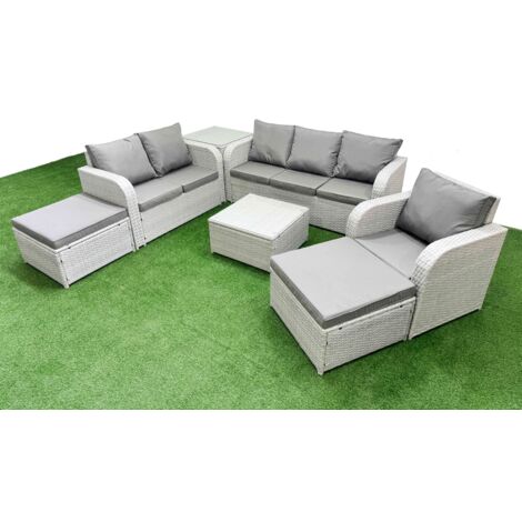 Fimous Patio PE Wicker 8 Seater Outdoor Rattan Furniture Sofa Sets with Square Coffee Table Reclining Chair Loveseat Sofa 3 Seater Sofa 2 Big Footstools Light Grey (1/5)