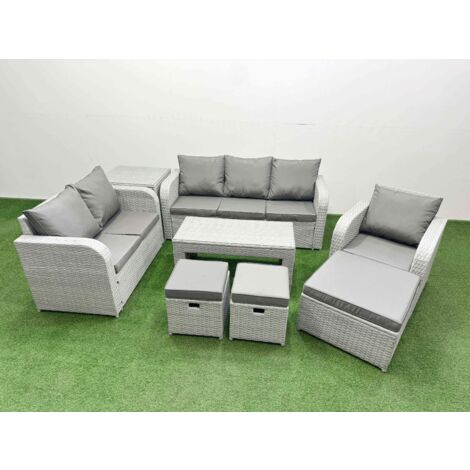 Fimous Patio PE Wicker 9 Seater Outdoor Rattan Furniture Sofa Sets with Oblong Coffee Table Reclining Chair Loveseat Sofa 3 Seater Sofa Stool Side Table Light Grey (1/5)