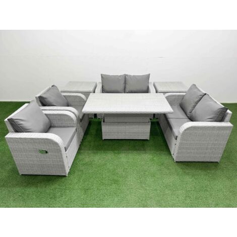 Fimous 6 Seater Outdoor Reclining Chair Love Sofa Set Rattan Garden Furniture Set with Adjustable Lifting Dining or Coffee Table 2 Side Tables Light Grey (1/5)