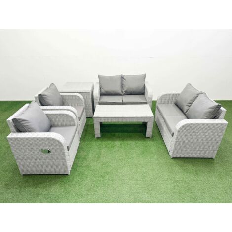 Fimous 6 Seater Outdoor Reclining Chair Love Sofa Set Rattan Garden Furniture Set with Oblong Coffee Table Side Table Light Grey (1/5)
