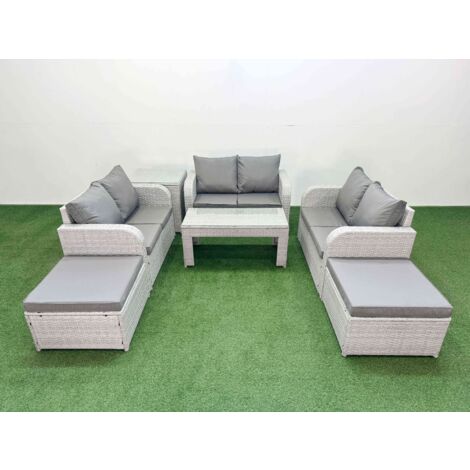 Fimous 8 Seater PE Wicker Rattan Furniture Sofa Sets with Oblong Coffee Table 2 Seater Love Sofa 2 Big Footstool Side Table Light Grey (1/5)