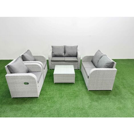 Fimous 6 Seater Outdoor Reclining Chair Love Sofa Set Rattan Garden Furniture Set with Square Coffee Table Light Grey (1/5)