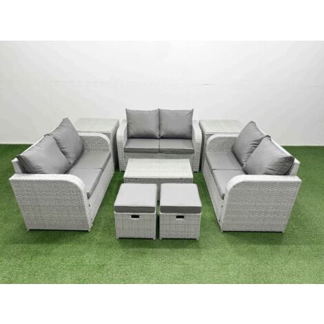 Fimous 9 Seater PE Wicker Rattan Furniture Sofa Sets with Rectangular Coffee Table 2 Seater Love Sofa 3 Stool 2 Side Table Light Grey (1/5)