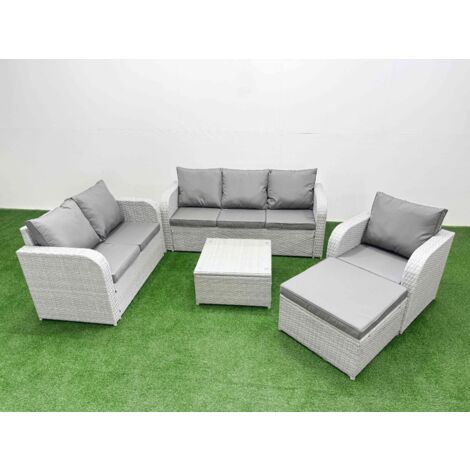 Fimous Patio PE Wicker 7 Seater Outdoor Rattan Furniture Sofa Sets with Square Coffee Table Reclining Chair Loveseat Sofa 3 Seater Sofa Big Footstool Light Grey (1/5)