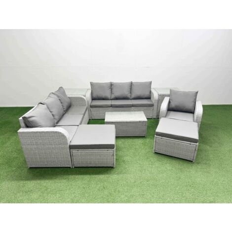 Fimous 9 Seater Poly Rattan Outdoor Garden Furniture Sofa Set Patio 3 Seater Sofa Reclining Chair 3 Seater Sofa 2 Big Footstools 2 Side Table Light Grey (1/5)
