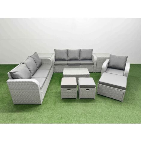 Fimous 10 Seater Poly Rattan Outdoor Garden Furniture Sofa Set Patio 3 Seater Sofa Reclining Chair 3 Seater Sofa 3 Stools 2 Side Table Light Grey (1/5)