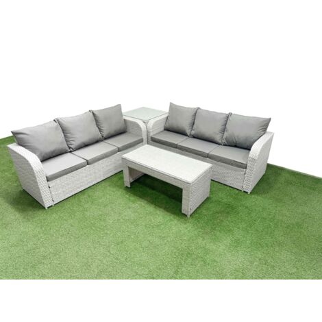 Fimous Outdoor Garden Furniture Sets 6 Seater Wicker Rattan Furniture Sofa Sets with Oblong Coffee Table high Back Lounge Sofa Side Table Light Grey (1/5)