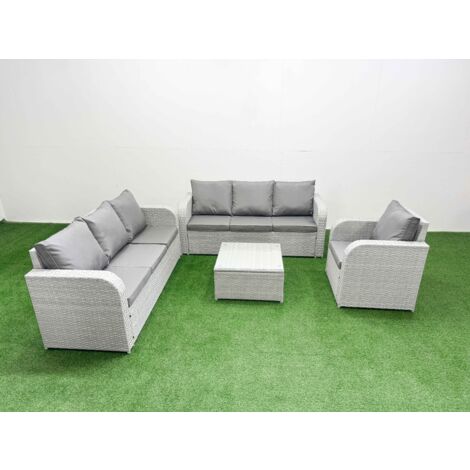 Fimous 7 Seater Poly Rattan Outdoor Garden Furniture Square Coffee Table Sofa Set Patio 3 Seater Sofa Reclining Chair 3 Seater Sofa Light Grey (1/5)