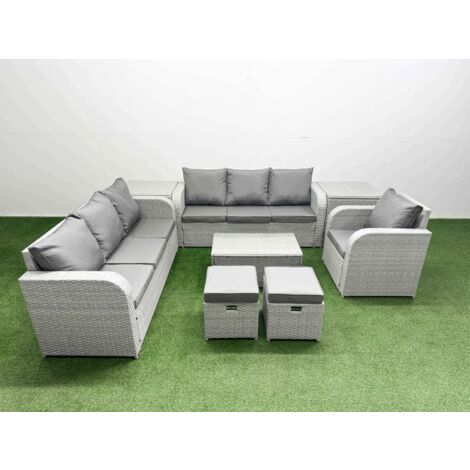 Fimous 9 Seater Poly Rattan Outdoor Garden Furniture Sofa Set Patio 3 Seater Sofa Reclining Chair 3 Seater Sofa Stools 2 Side Table Light Grey (1/5)