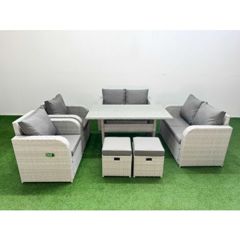 Fimous 8 Seater Outdoor Reclining Chair Love Sofa Set Rattan Garden Furniture Set with Rectangular Dining Table 2 Stools Light Grey (1/5)