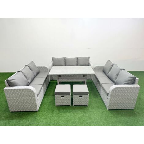 Fimous PE Rattan Lounge Sofa Set 11 Seater Outdoor Garden Furniture Set with Rectangular Dining Table 3 Seater Sofa 2 Stools Light Grey (1/5)