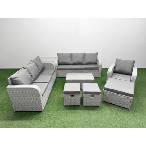 Fimous 10 Seater Poly Rattan Outdoor Garden Furniture Sofa Set Patio 3 Seater Sofa Reclining Chair 3 Seater Sofa 3 Stools Side Table Light Grey (1/5)