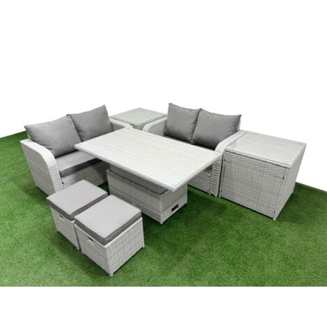 Fimous 6 Seater Outdoor Love Sofa Set Rattan Garden Furniture Set with Adjustable Lifting Dining or Coffee Table 2 Small Stools 2 Side Tables Light Grey (1/5)