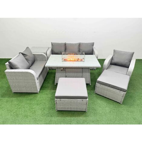 Fimous Patio PE Wicker 8 Seater Outdoor Rattan Furniture Sofa Sets with Firepit Dining Table Reclining Chair Loveseat Sofa 3 Seater Sofa 2 Big Footstools Side Table Light Grey (1/5)