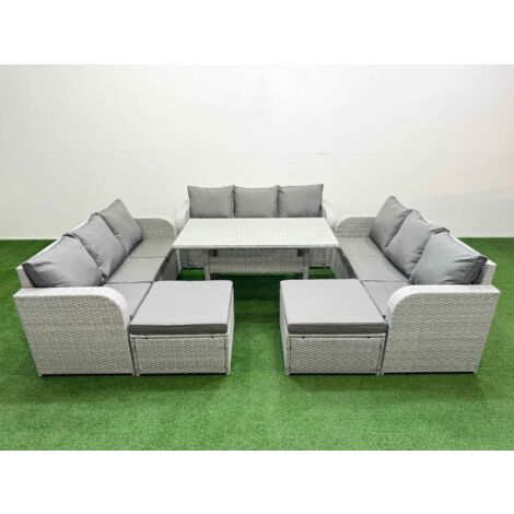 Fimous PE Rattan Lounge Sofa Set 11 Seater Outdoor Garden Furniture Set with Rectangular Dining Table 3 Seater Sofa 2 Big Footstools Light Grey (1/5)