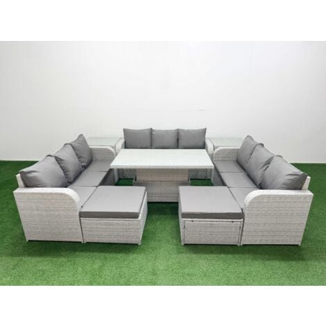 Fimous PE Rattan Lounge Sofa Set 11 Seater Outdoor Garden Furniture Set with Adjustable Lifting Dining or Coffee Table 3 Seater Sofa 2 Big Footstools 2 Side Table Light Grey