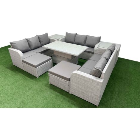 Fimous PE Rattan Lounge Sofa Set 11 Seater Outdoor Garden Furniture Set with Adjustable Lifting Dining or Coffee Table 3 Seater Sofa 2 Big Footstools 2 Side Table Light Grey
