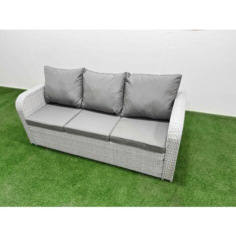 Fimous PE Rattan Lounge Sofa Set 11 Seater Outdoor Garden Furniture Set with Adjustable Lifting Dining or Coffee Table 3 Seater Sofa 2 Big Footstools 2 Side Table Light Grey