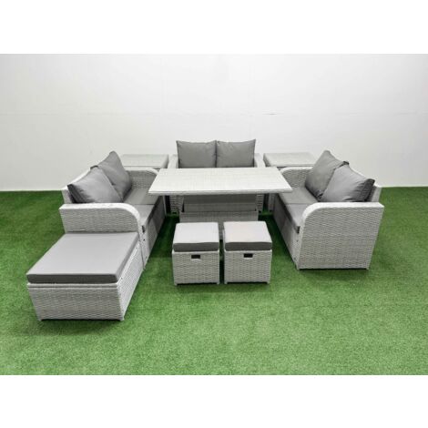 Fimous  9 Seater PE Wicker Rattan Furniture Sofa Sets with Adjustable Lifting Dining or Coffee Table 2 Seater Love Sofa 3 Stool 2 Side Table Light Grey (1/5)