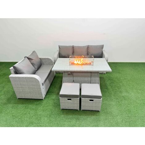 Fimous 7 Seater PE Rattan Wicker Garden Furniture Patio Conservatory Sofa Set with Firepit Dining Table 3 Seater Sofa Love Sofa 2 Stools (1/5)