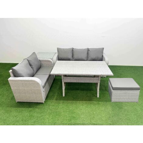 Fimous 6 Seater PE Rattan Wicker Garden Furniture Patio Conservatory Sofa Set with Rectangular Dining Table 3 Seater Sofa Love Sofa Big Footstool Side Table (1/5)