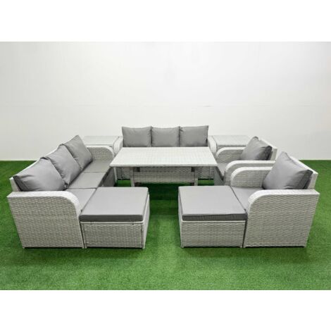 Fimous PE Rattan High Back Lounge Sofa Set Patio Rectangular Dining Table & Chairs Set with 3 Seater Sofa Reclining Chair 2 Big Footstool 2 Side Table Light Grey (1/5)