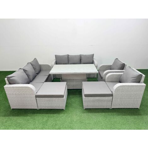 Fimous PE Rattan High Back Lounge Sofa Set Patio Adjustable Lifting Dining or Coffee Table & Chairs Set with 3 Seater Sofa Reclining Chair 2 Big Footstool Light Grey (1/5)