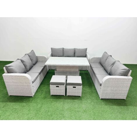 Fimous PE Rattan Lounge Sofa Set 11 Seater Outdoor Garden Furniture Set with Adjustable Lifting Dining or Coffee Table 3 Seater Sofa 2 Stools Light Grey (1/5)