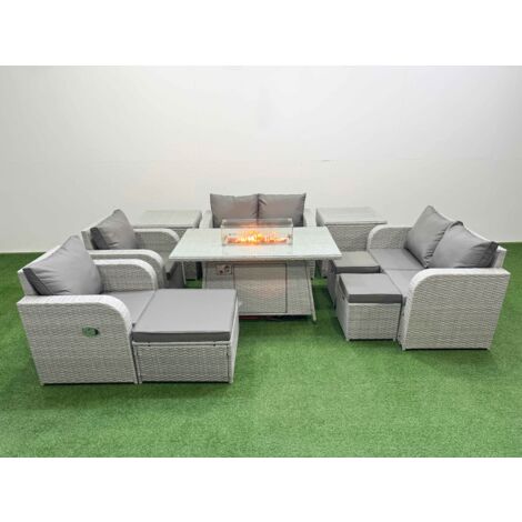 Fimous 9 Seater Outdoor Reclining Chair Love Sofa Set Rattan Garden Furniture Set with Firepit Dining Table 3 Stools 2 Side Table Light Grey (1/5)