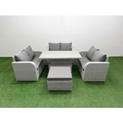 Fimous 7 Seater PE Wicker Rattan Furniture Sofa Sets with Adjustable Lifting Dining or Coffee Table 2 Seater Love Sofa Big Footstool Light Grey (1/5)