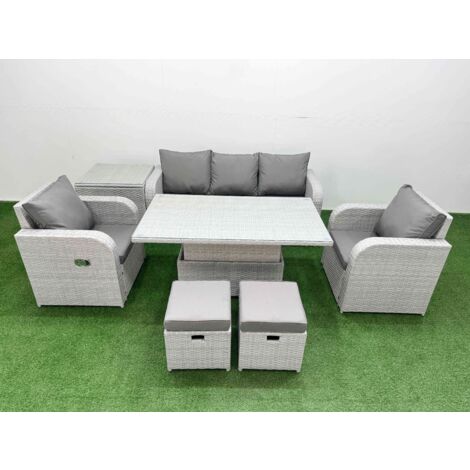 Fimous PE Rattan Garden Furniture Set Reclining Chair Sofa Lounge Sofa Set Adjustable Lifting Dining or Coffee Table Side Table 2 Small Stools Light Grey (1/5)