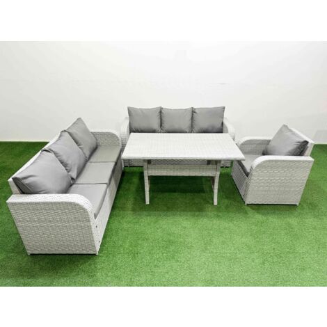 Fimous 7 Seater Poly Rattan Outdoor Garden Furniture Rectangular Dining Table Sofa Set Patio 3 Seater Sofa Reclining Chair 3 Seater Sofa Light Grey (1/5)
