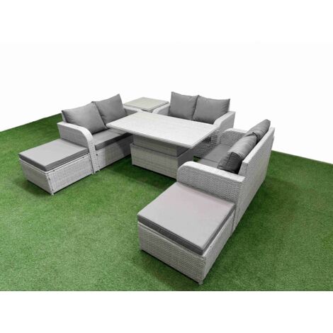 Fimous 8 Seater PE Wicker Rattan Furniture Sofa Sets with Adjustable Lifting Dining or Coffee Table 2 Seater Love Sofa 2 Big Footstool Side Table Light Grey (1/5)