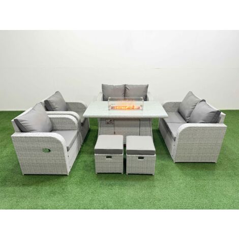 Fimous 8 Seater Outdoor Reclining Chair Love Sofa Set Rattan Garden Furniture Set with Firepit Dining Table 2 Stools Light Grey (1/5)