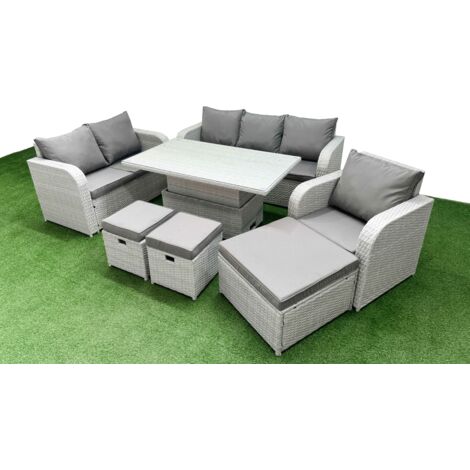 Fimous Patio PE Wicker 9 Seater Outdoor Rattan Furniture Sofa Sets with Adjustable Lifting Dining or Coffee Table Reclining Chair Loveseat Sofa 3 Seater Sofa Stool Light Grey (1/5)