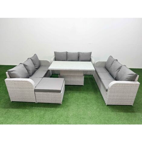 Fimous PE Rattan Lounge Sofa Set 10 Seater Outdoor Garden Furniture Set with Adjustable Lifting Dining or Coffee Table 3 Seater Sofa Big Footstool Light Grey (1/5)