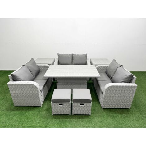 Fimous 8 Seater PE Wicker Rattan Furniture Sofa Sets with Adjustable Lifting Dining or Coffee Table 2 Seater Love Sofa 2 Stool 2 Side Table Light Grey (1/5)
