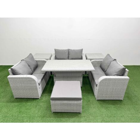 Fimous 7 Seater PE Wicker Rattan Furniture Sofa Sets with Adjustable Lifting Dining or Coffee Table 2 Seater Love Sofa Big Footstool 2 Side Table Light Grey (1/5)