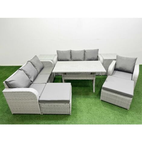 Fimous 9 Seater Poly Rattan Outdoor Garden Furniture Rectangular Dining Table Sofa Set Patio 3 Seater Sofa Reclining Chair 3 Seater Sofa 2 Big Footstools 2 Side Table Light Grey (1/5)