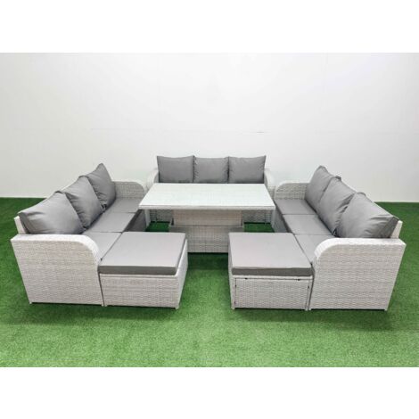 Fimous PE Rattan Lounge Sofa Set 11 Seater Outdoor Garden Furniture Set with Adjustable Lifting Dining or Coffee Table 3 Seater Sofa 2 Big Footstools Light Grey (1/5)
