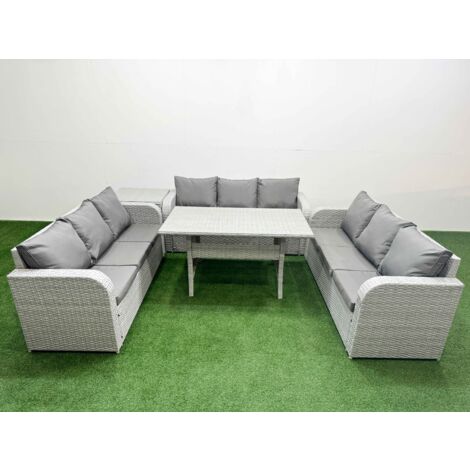 Fimous PE Rattan Lounge Sofa Set 9 Seater Outdoor Garden Furniture Set with Rectangular Dining Table 3 Seater Sofa Side Table Light Grey (1/5)