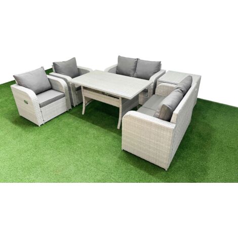 Fimous 6 Seater Outdoor Reclining Chair Love Sofa Set Rattan Garden Furniture Set with Rectangular Dining Table Side Table Light Grey (1/5)