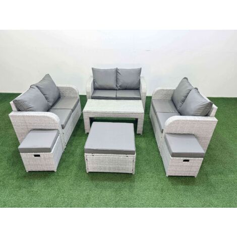 Fimous 9 Seater PE Wicker Rattan Furniture Sofa Sets with Oblong Coffee Table 2 Seater Love Sofa 3 Stool Light Grey (1/5)