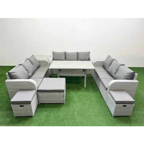 Fimous PE Rattan Lounge Sofa Set 12 Seater Outdoor Garden Furniture Set with Rectangular Dining Table 3 Seater Sofa 3 Stools Side Table Light Grey (1/5)