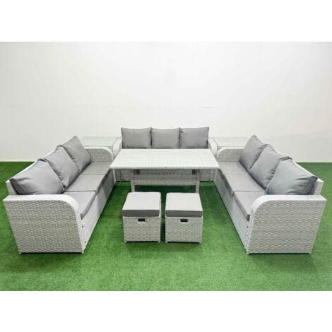 Fimous PE Rattan Lounge Sofa Set 11 Seater Outdoor Garden Furniture Set with Rectangular Dining Table 3 Seater Sofa 2 Stools 2 Side Table Light Grey (1/5)